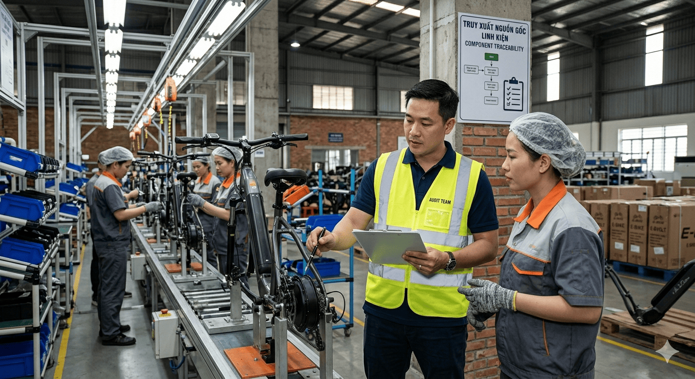 E-Bike Factory Audit for WRO Compliance alt text: An auditor with a clipboard inspecting an e-bike assembly line.