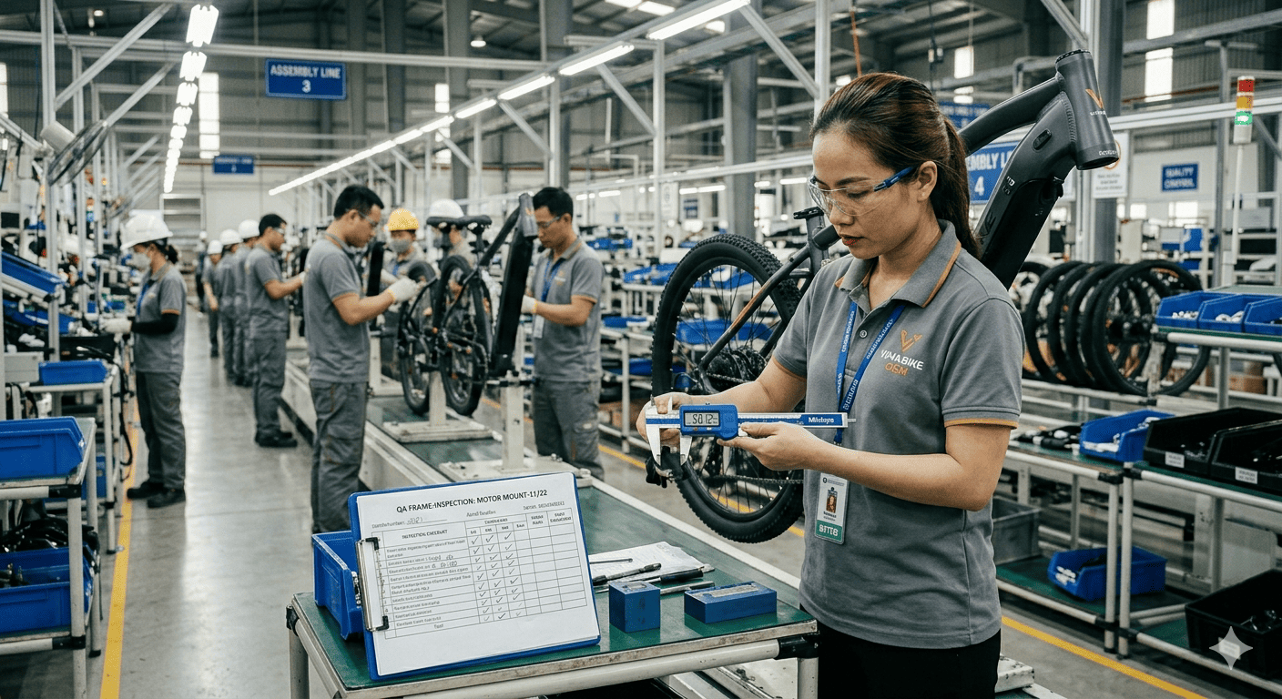 a technician repairing an ebike in a workshop
