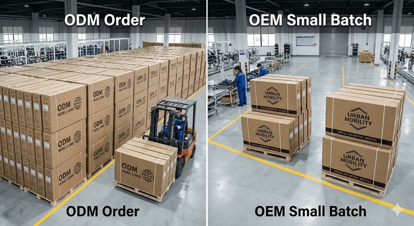 Stacks of e-bike boxes ready for shipping, illustrating order volume.
