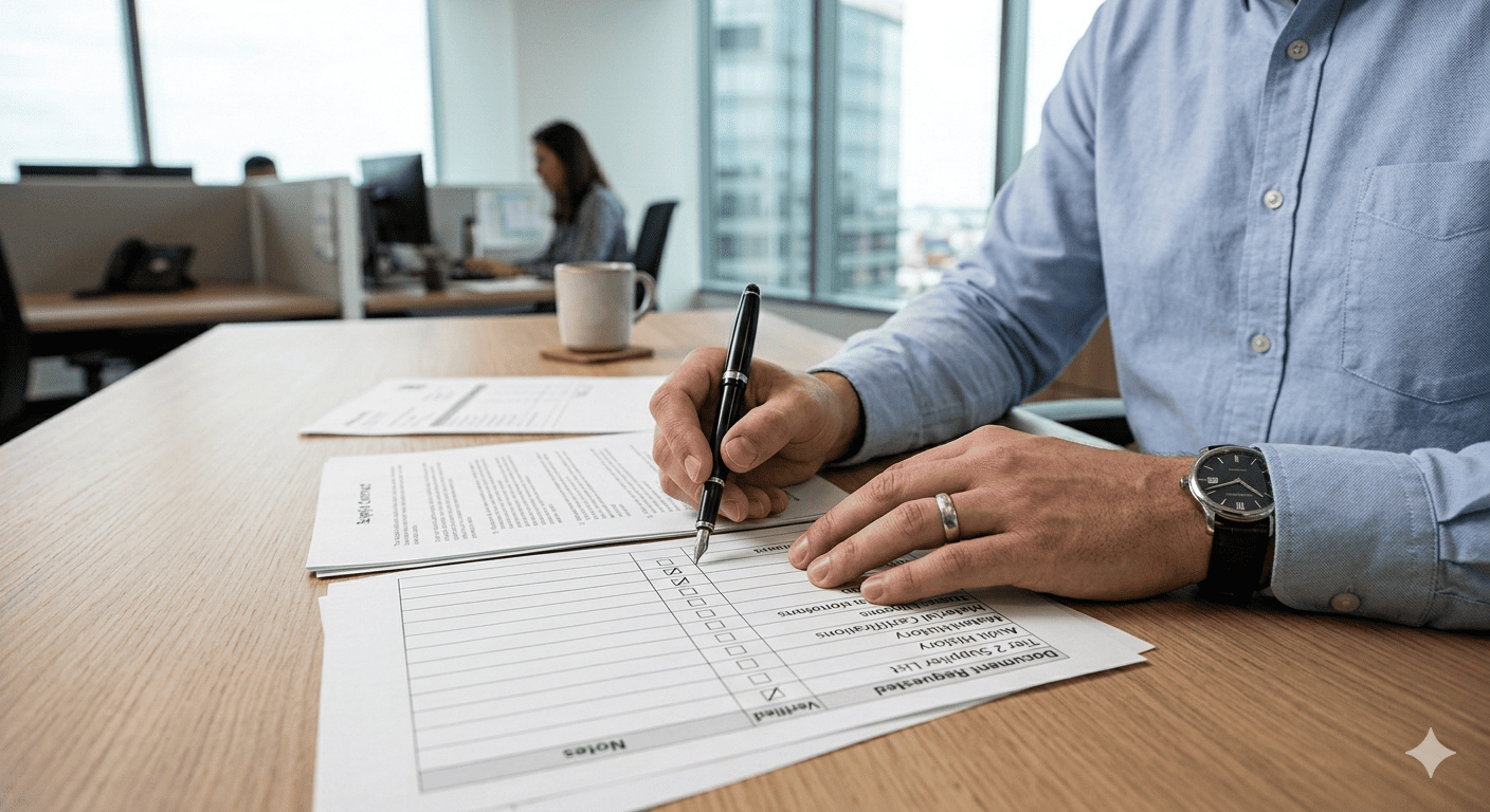 Supplier Pre-Contract Due Diligence alt text: A business person reviewing a contract with a checklist.