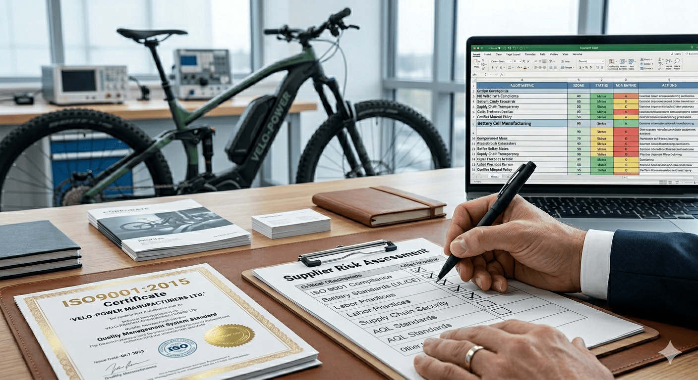 eBike Supplier Certifications A factory audit with a manager reviewing documents on a clipboard