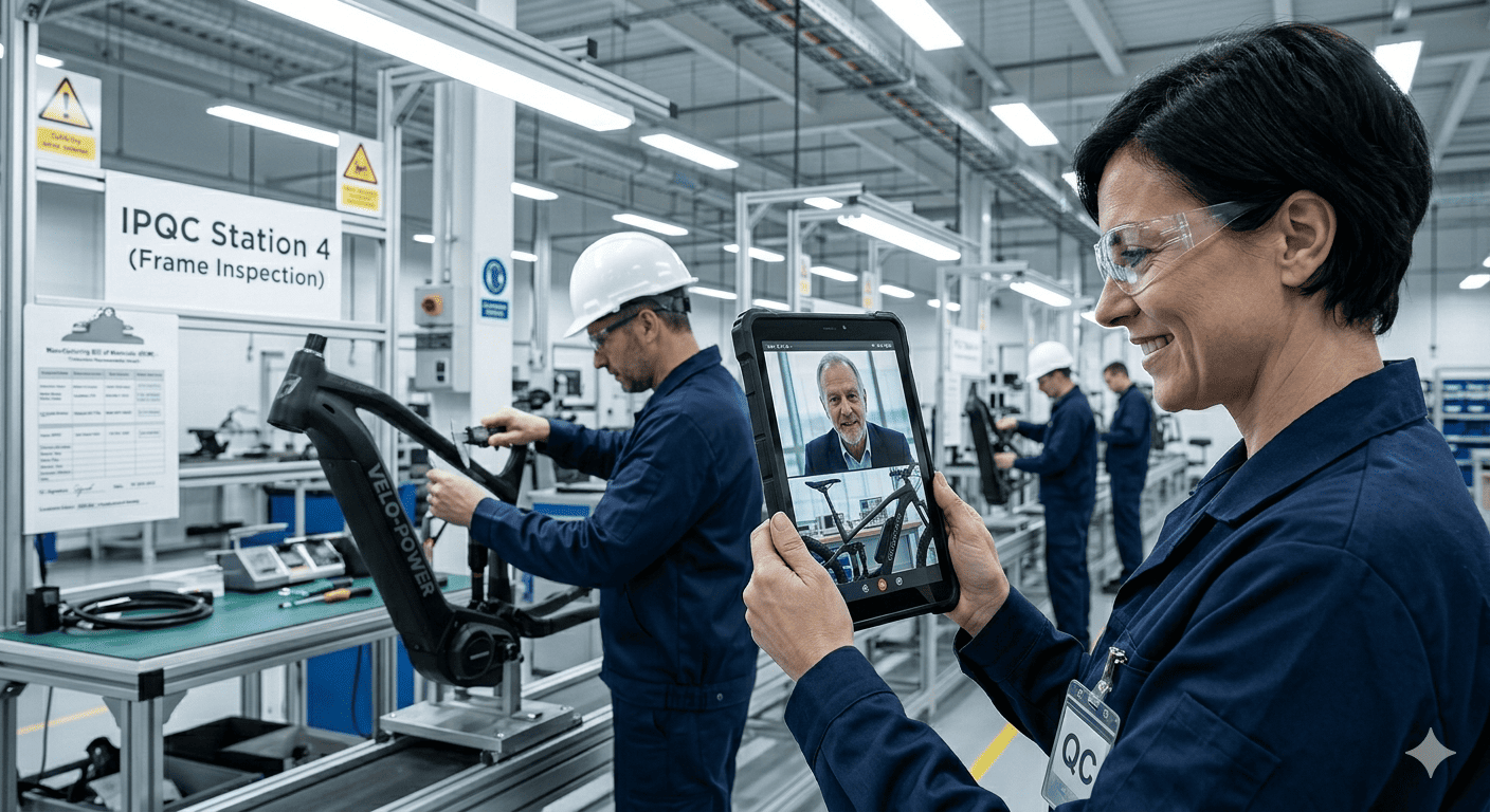 A factory manager showing an eBike on the assembly line during a video call