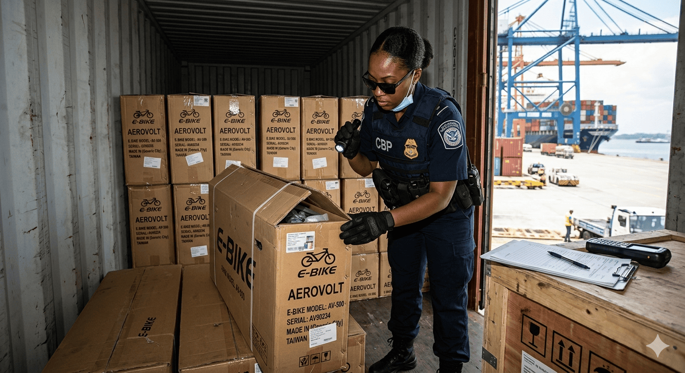 WRO Risk for E-Bike Importers alt text: A customs officer inspecting a shipping container with e-bikes inside.
