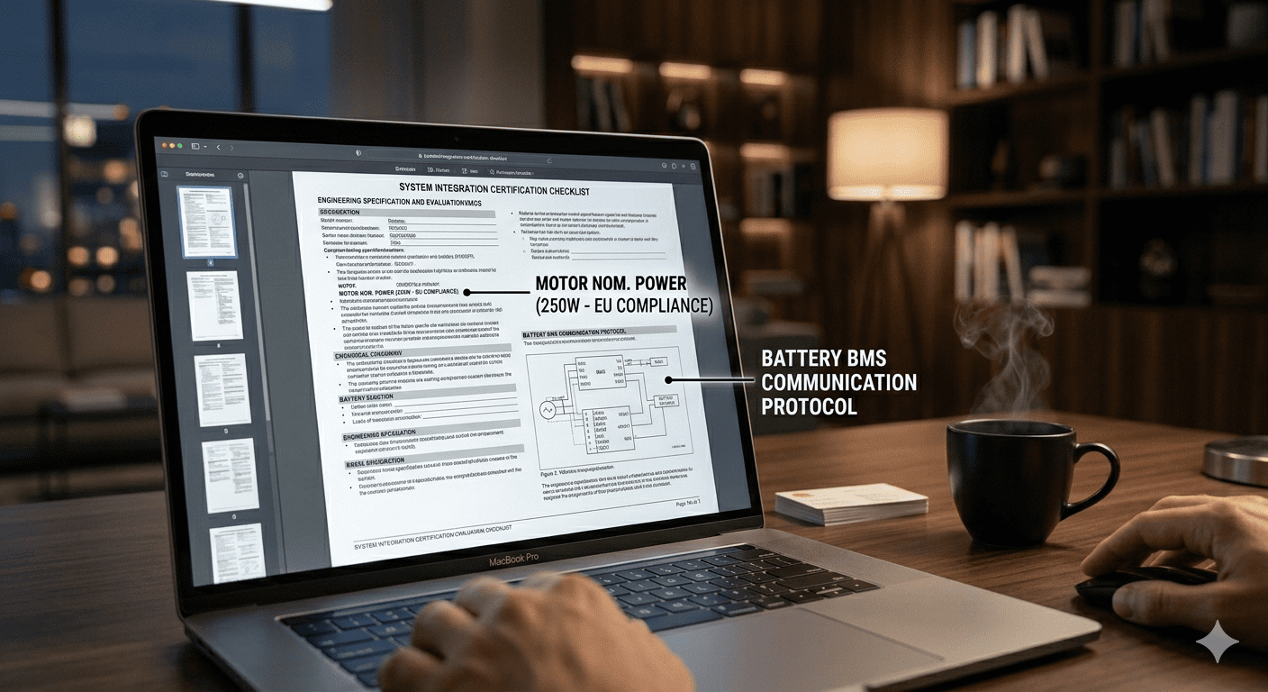 A detailed eBike blueprint next to a business plan document