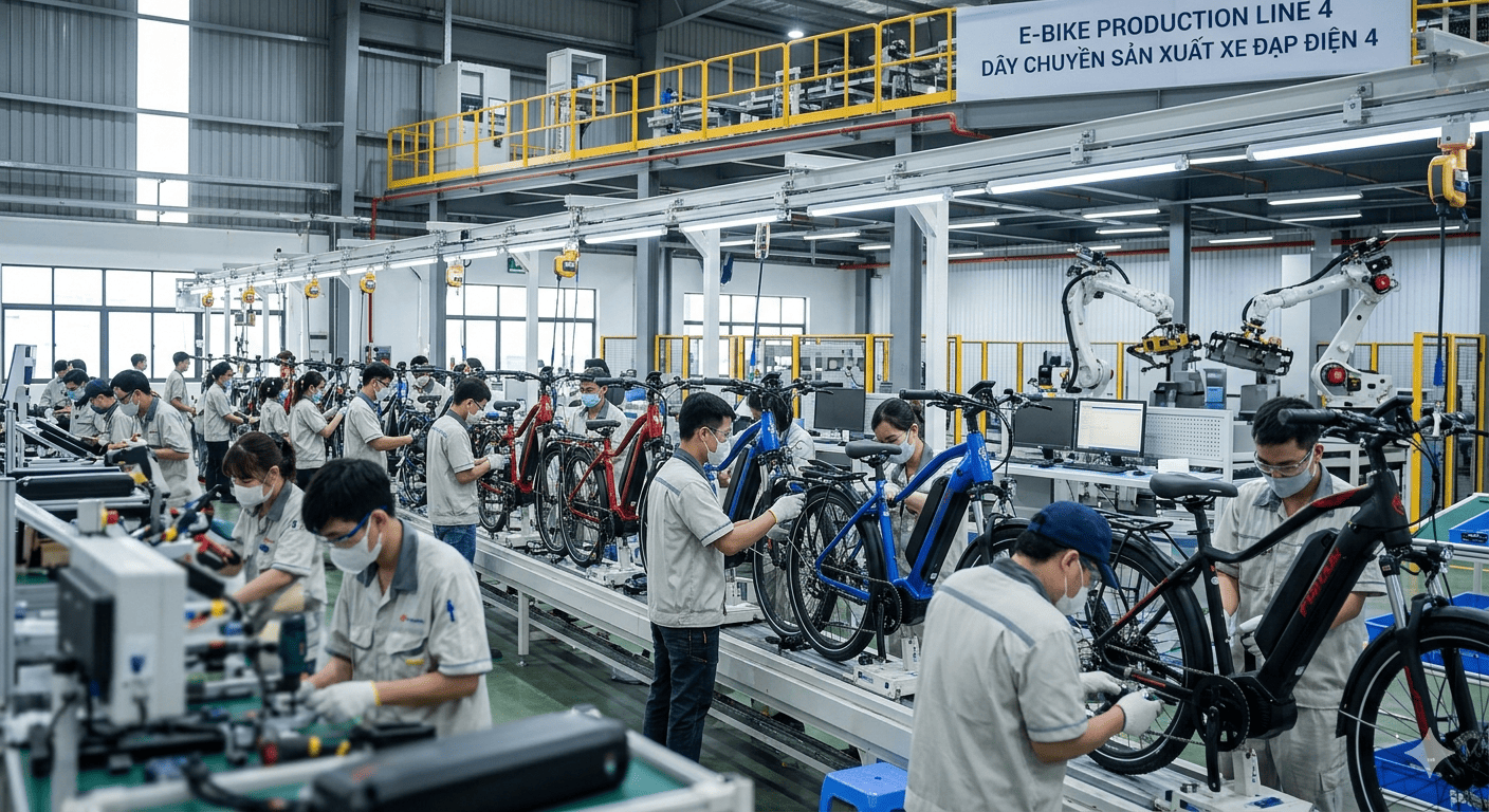 A busy e-bike assembly line in a modern factory
