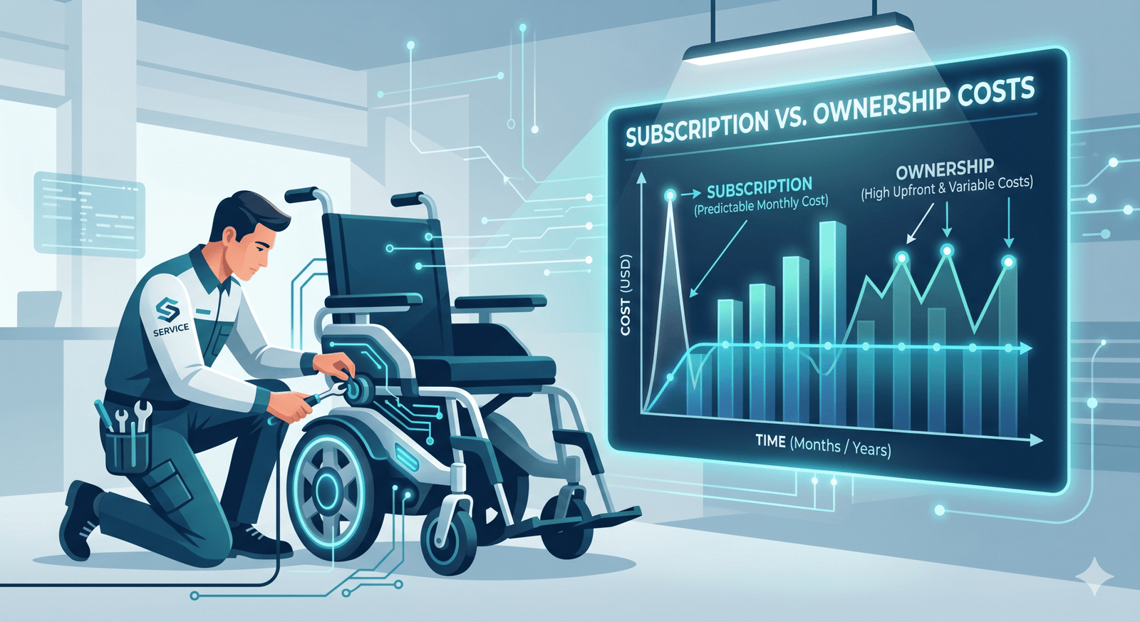 A technician servicing an electric wheelchair next to a chart comparing ownership vs. subscription costs.