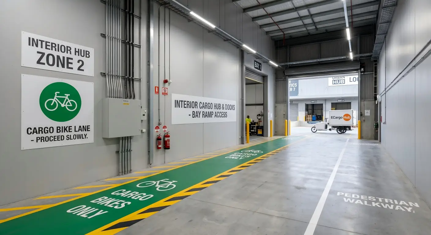 Floor markings in a service corridor creating a separate lane for micro-mobility vehicles.