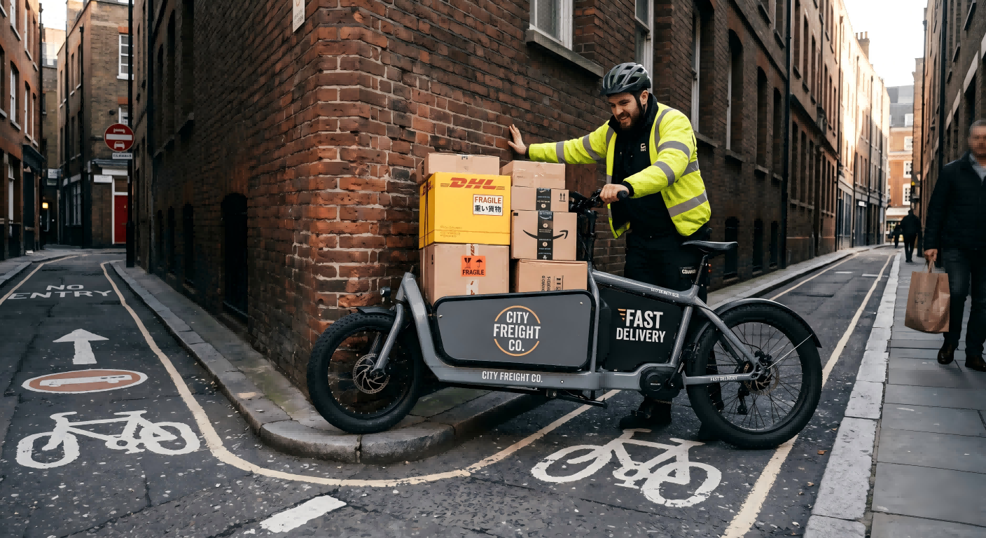 A large cargo bike struggling to make a sharp turn in a narrow, traditional bike lane.