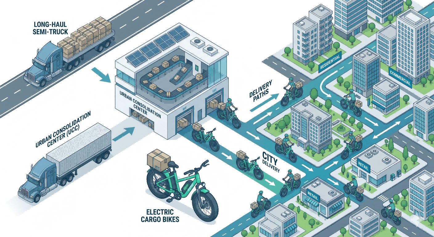 A diagram showing goods moving from a large truck to a consolidation center and then onto cargo bikes.
