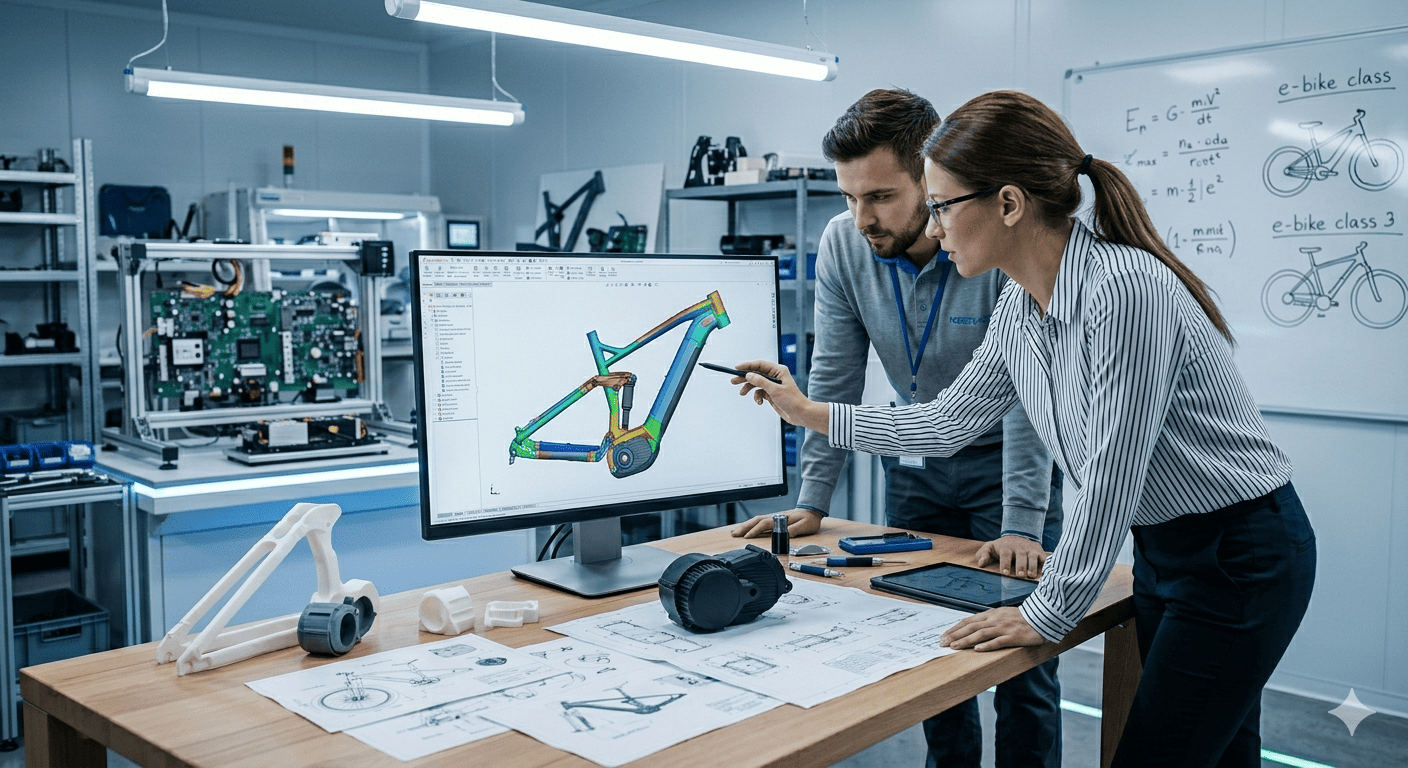 eBike R&D and Customization Engineers collaborating on a new eBike design on a computer