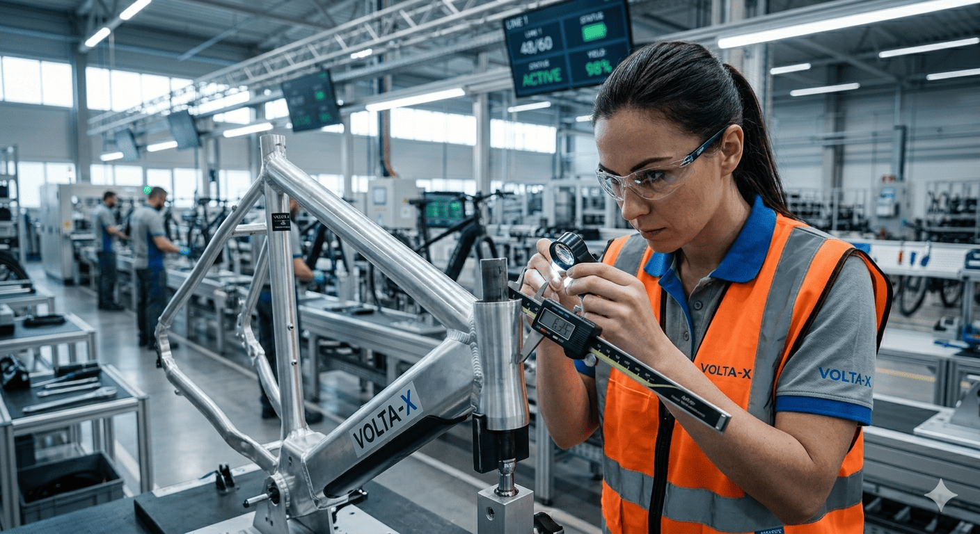 eBike Quality Control Process A quality control manager inspecting an eBike frame