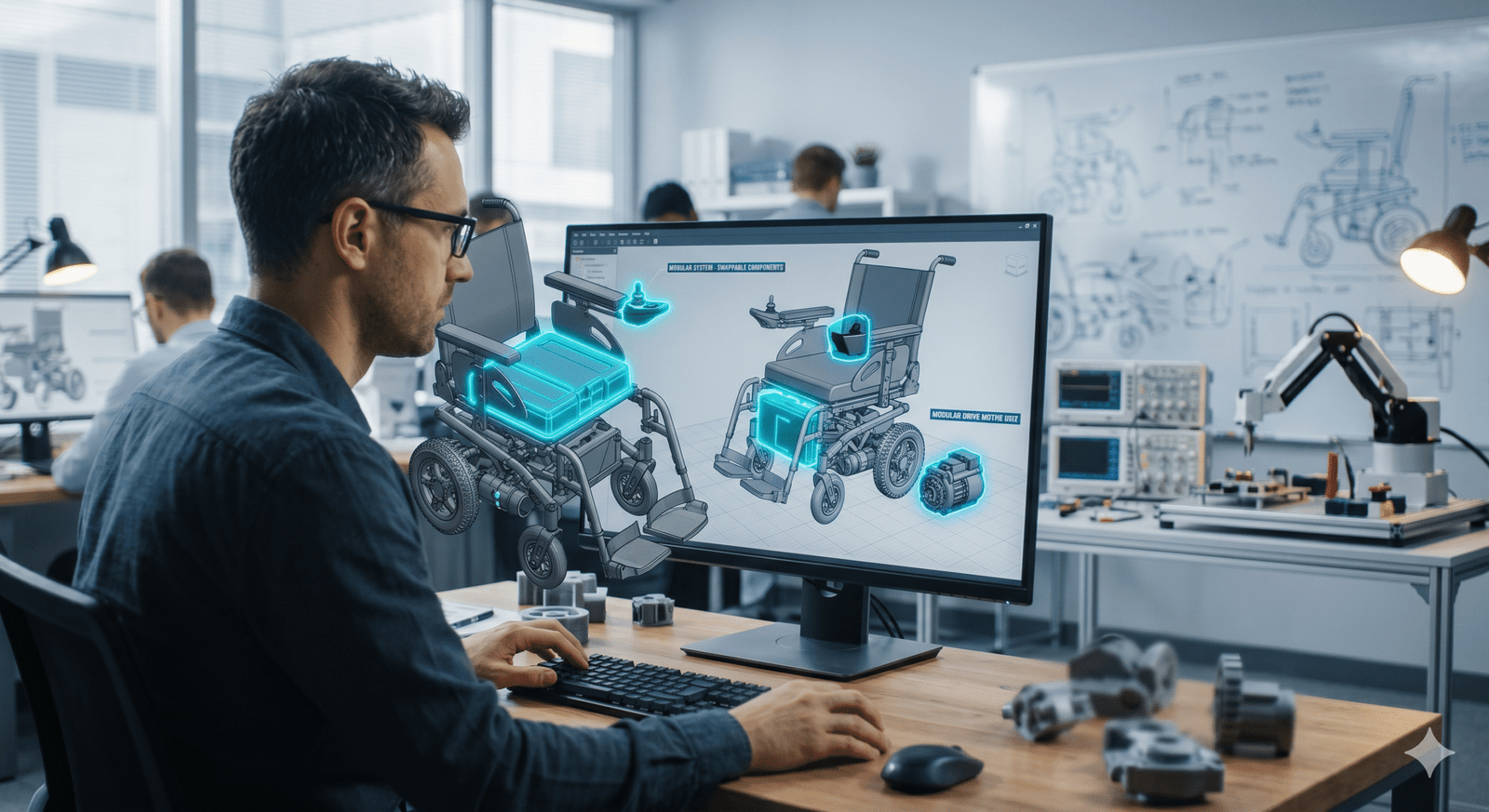 An engineer designing a modular component for an electric wheelchair on a computer.