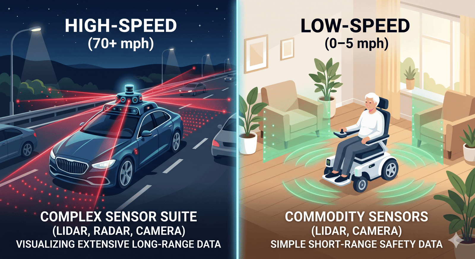 An illustration comparing the complex sensor suite of a car to the simpler sensors on a wheelchair