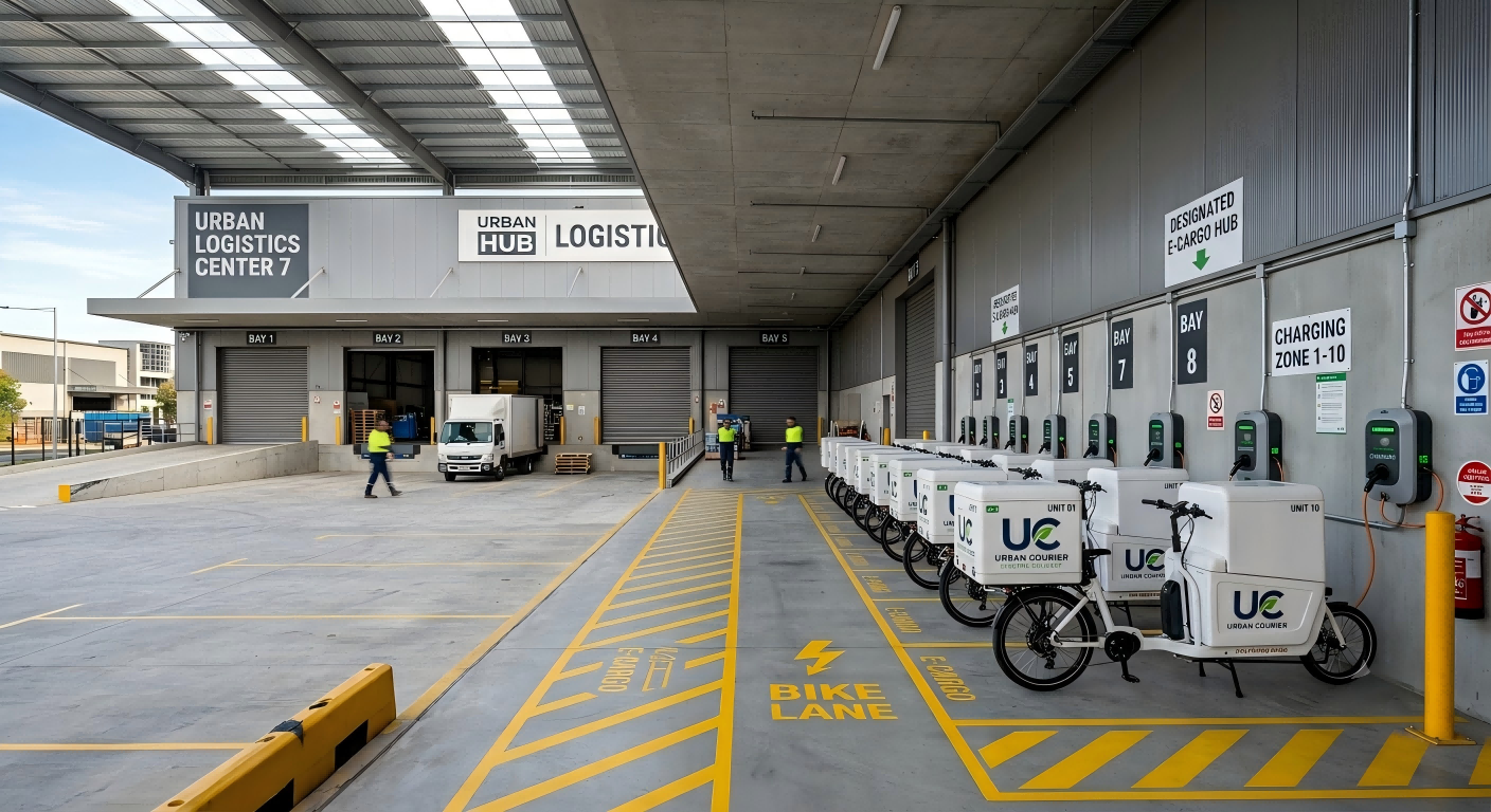 Commercial E-Cargo Bikes for Logistics a fleet of commercial e-cargo bikes lined up in a city warehouse