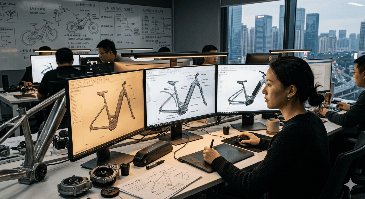 An engineer working on a CAD model for an e-bike