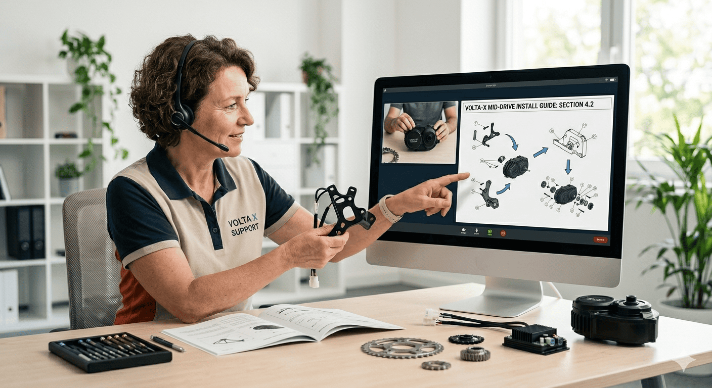 eBike After-Sales Support A support agent helping a customer with eBike parts