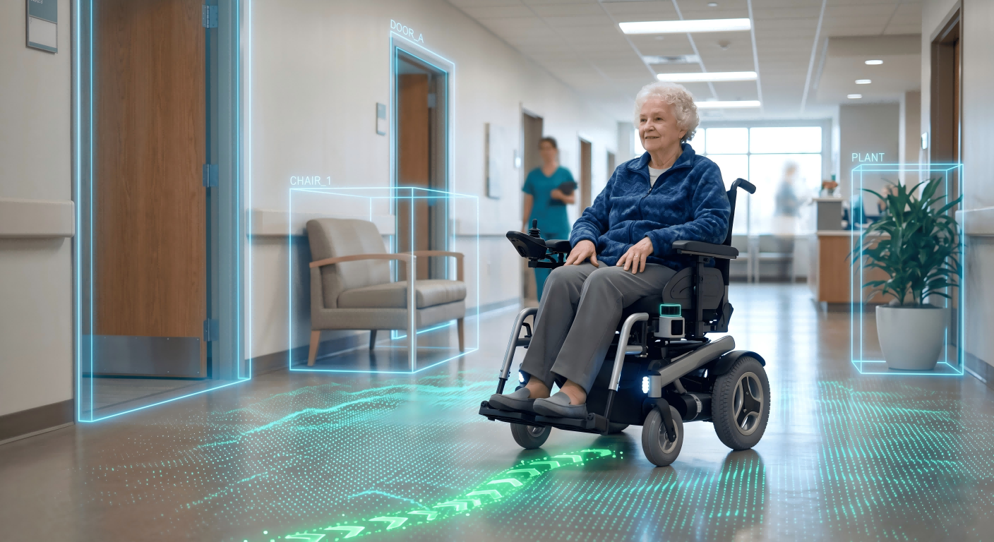 A smart wheelchair navigating a hallway with sensor data visualized around it
