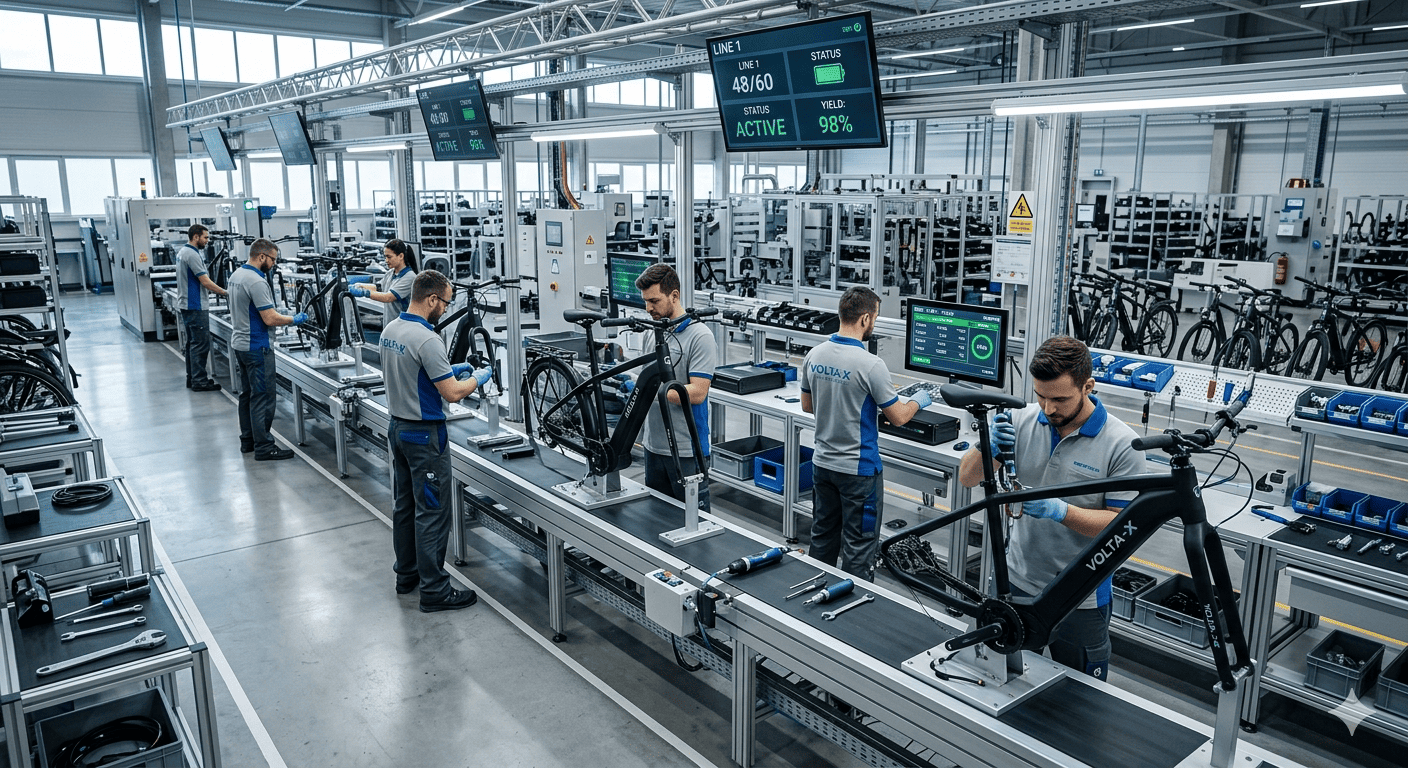 Verifying eBike Supplier Quality An eBike assembly line with quality control checks