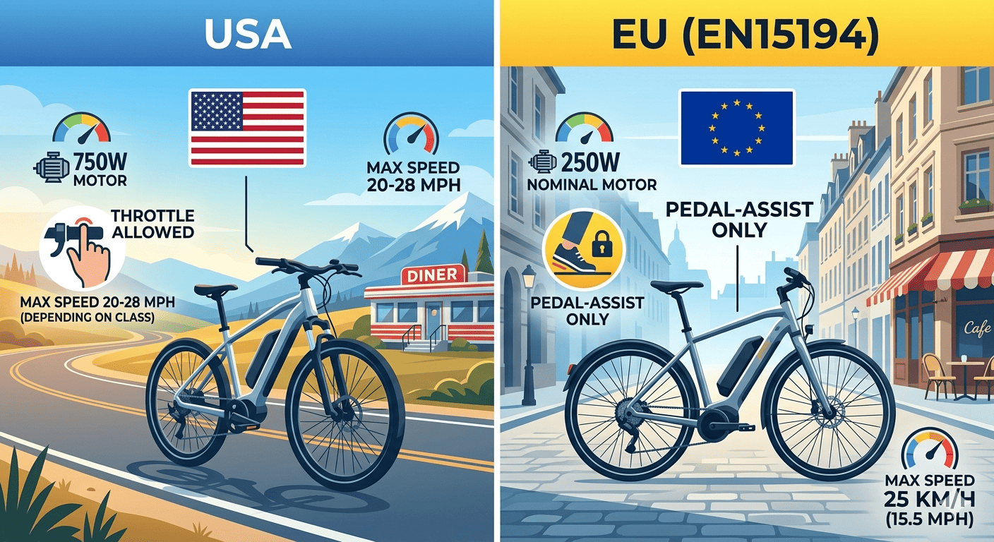 US vs EU eBike Regulations map showing USA and EU with different eBike regulation symbols