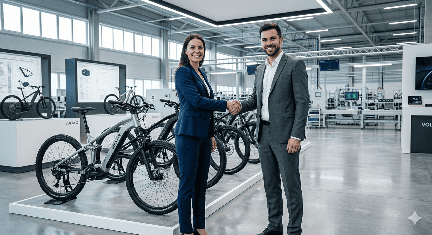 eBike Supplier Customer References Two business people shaking hands in front of eBikes