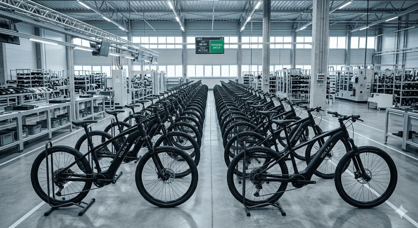 eBike Production Consistency Multiple identical eBikes lined up after production