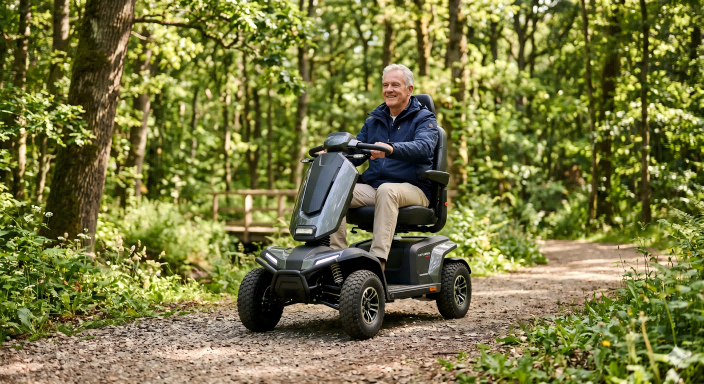 All-Terrain Scooter Compliance An all-terrain mobility scooter navigating a trail