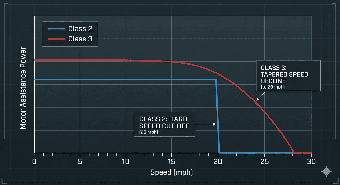 eBike Motor Torque Curve Tuning diagram showing two motor torque curves, one for Class 2 and one for Class 3