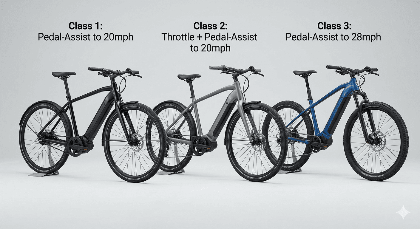 eBike Speed Classes Explained eBike with labels for Class 1, 2, and 3 features
