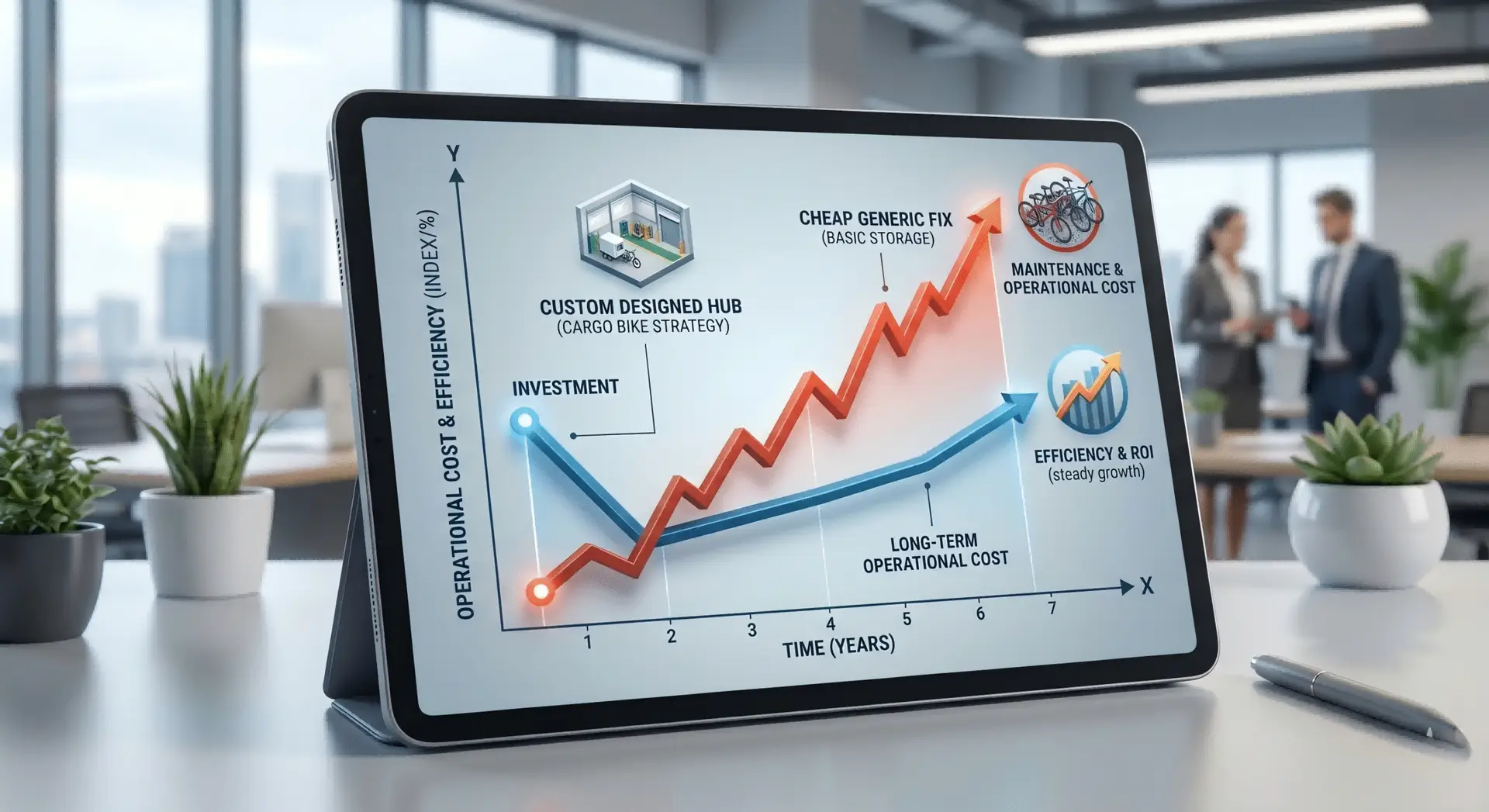 A graph showing the long-term ROI of a custom solution versus the increasing costs of a cheap fix.