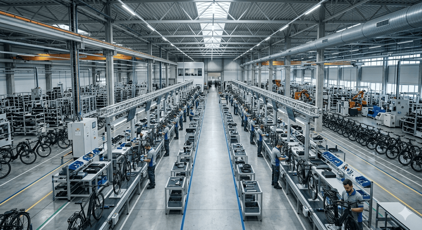 Verifying eBike Factory Size A wide shot of a real, working eBike factory floor