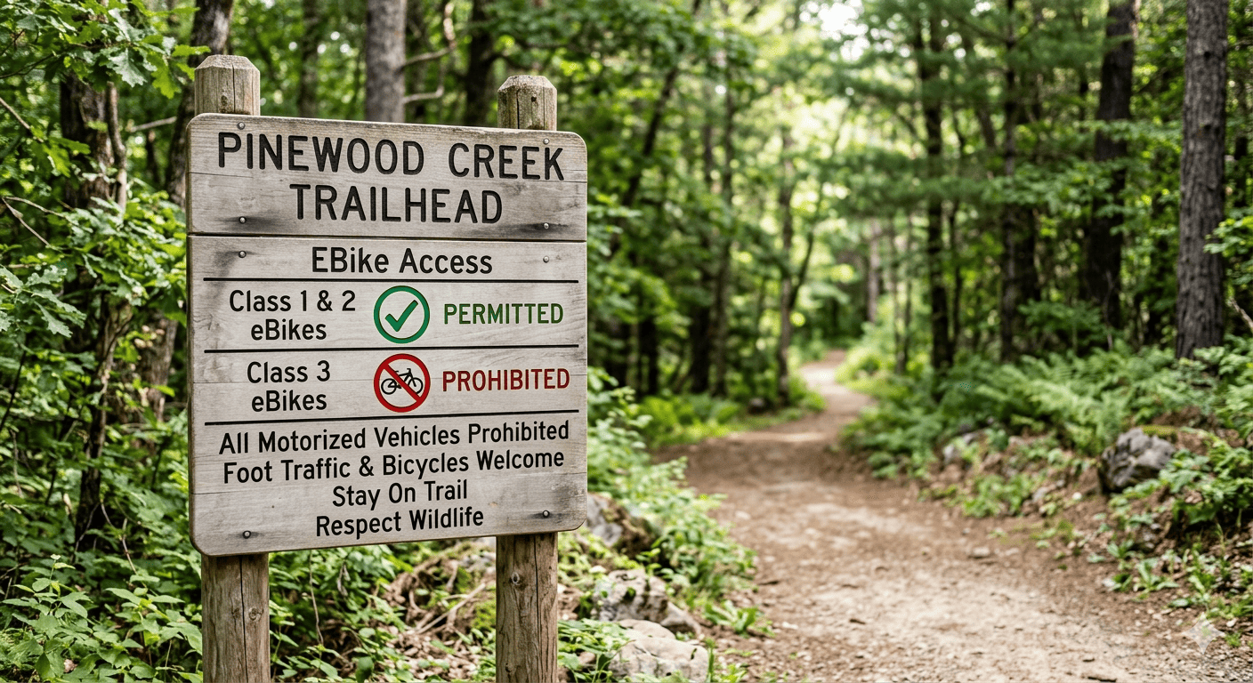 eBike Trail Access Regulations a sign at a trailhead showing eBike class restrictions