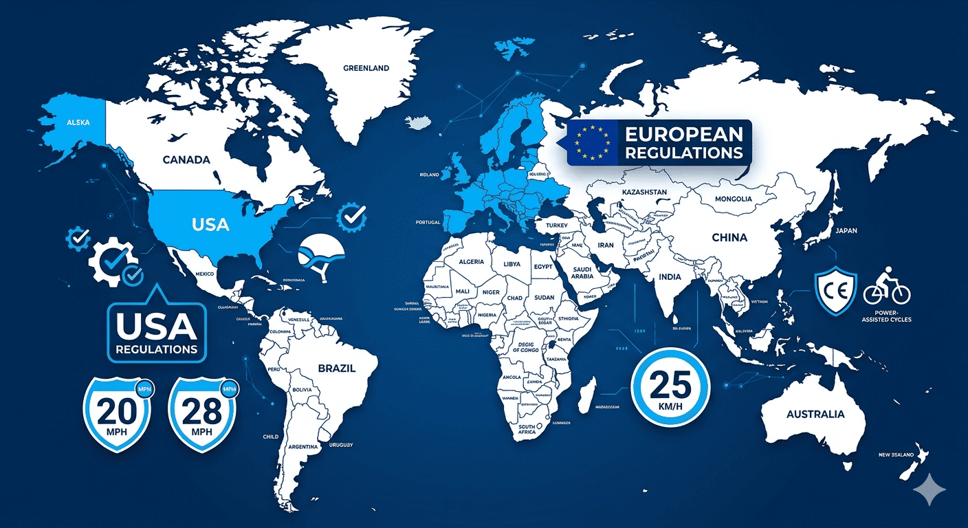 International eBike Regulations A map showing different eBike regulations for USA and EU