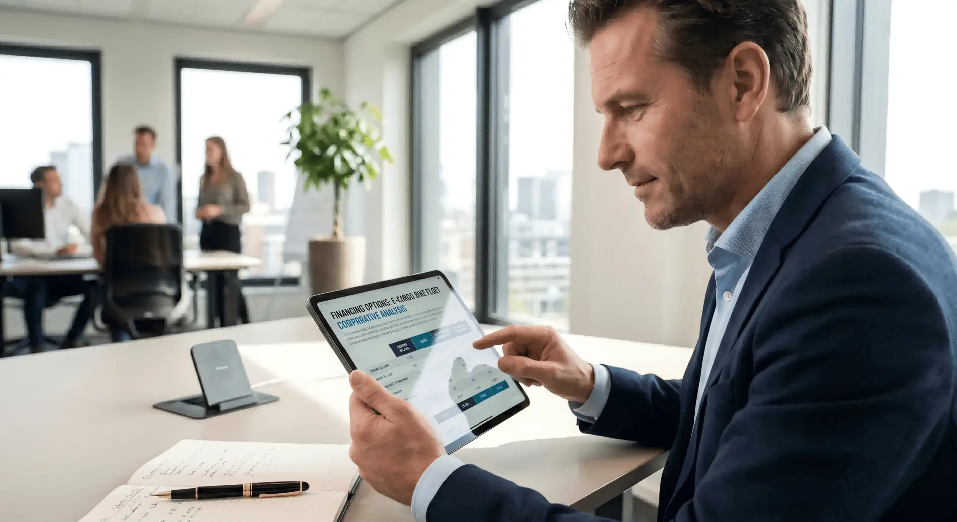 A business owner reviewing financing options on a tablet