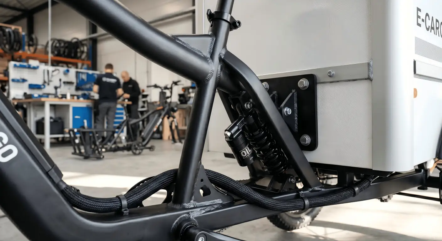 Close-up of an e-cargo bike's heavy-duty frame and cargo area