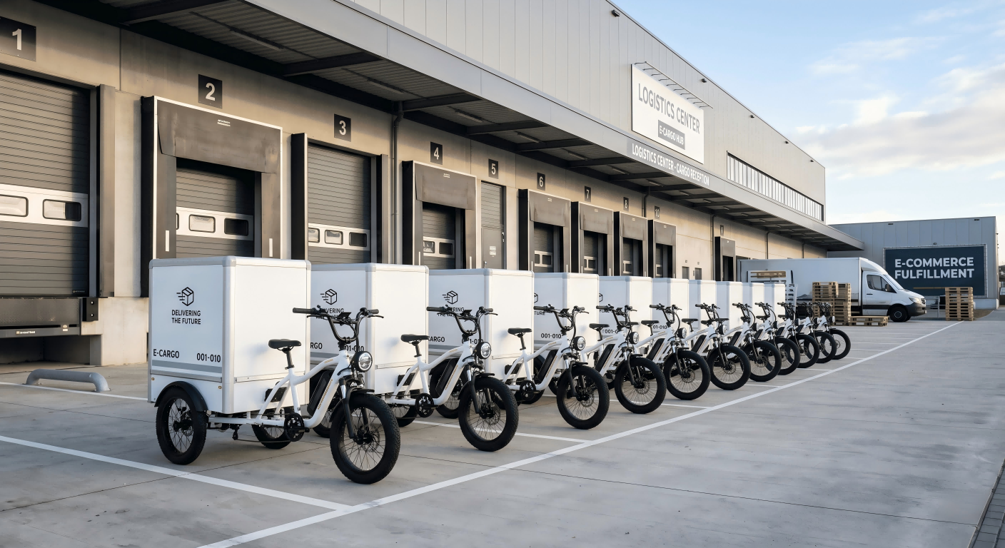 A fleet of commercial e-cargo bikes ready for delivery