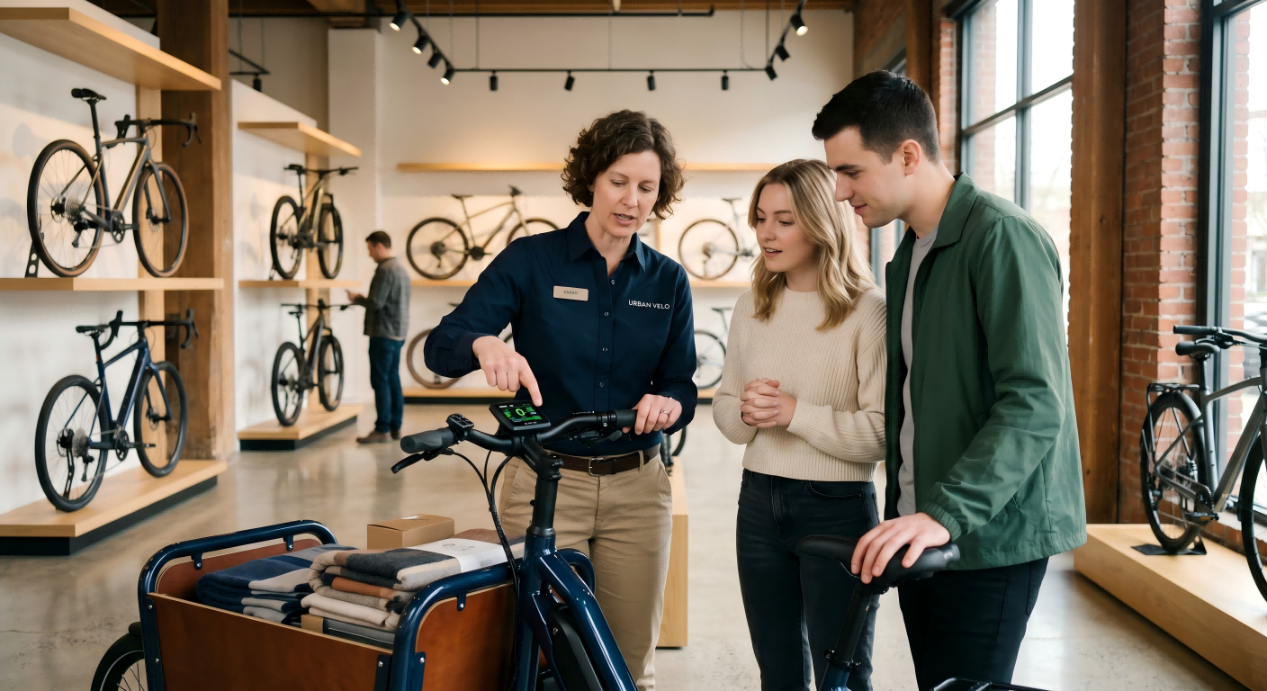 Selling High-Ticket E-Bikes A salesperson explaining the features of a cargo e-bike to a customer.