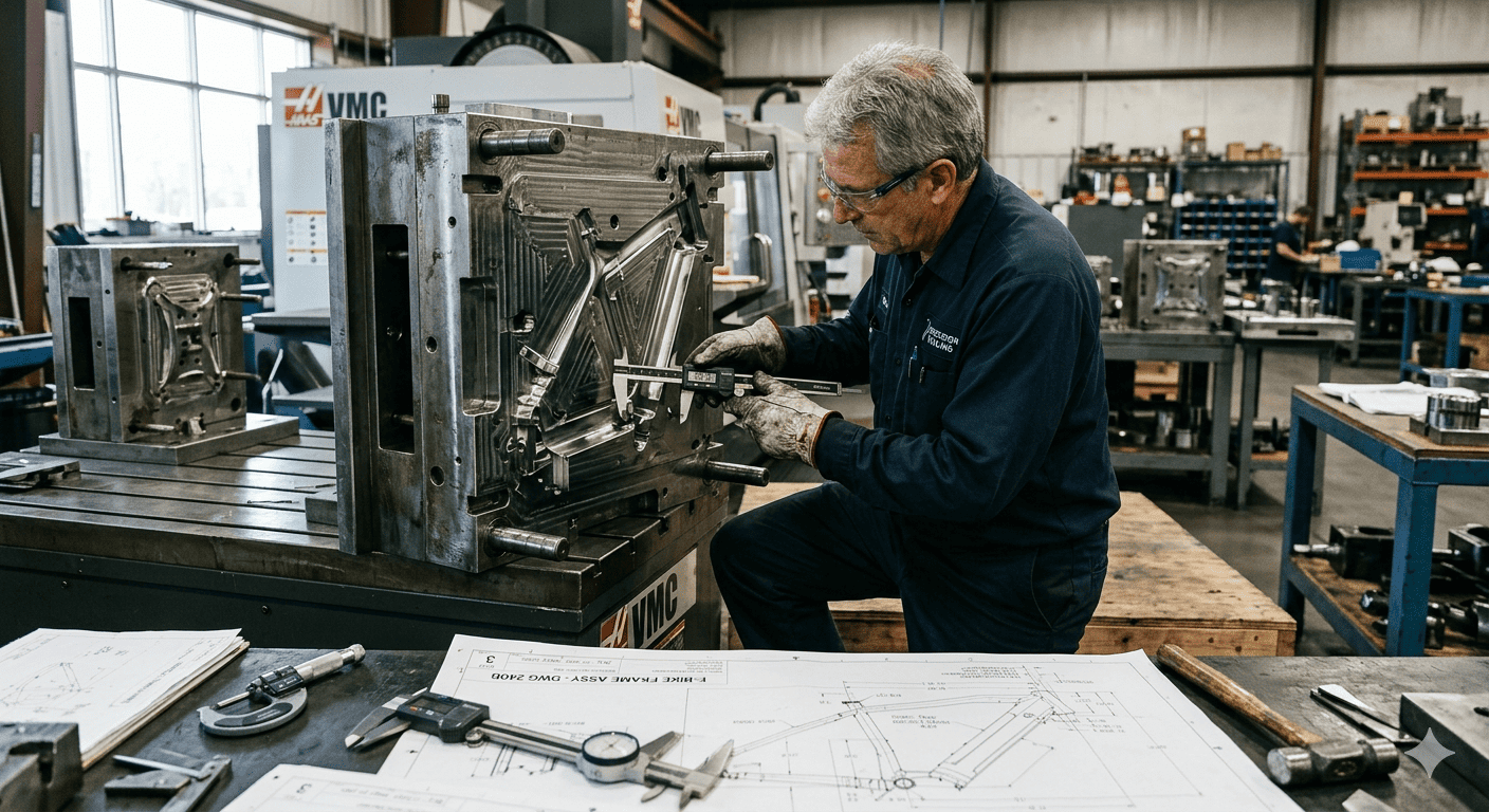 A worker inspecting a complex mold for e-bike frames