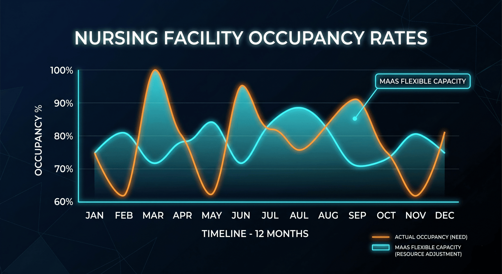 A chart showing fluctuating patient occupancy rates over a year in a nursing facility.