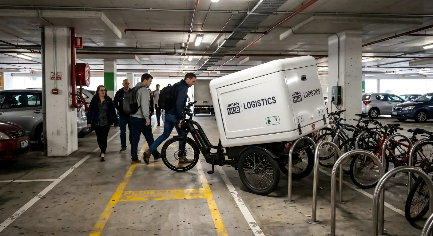 An oversized cargo bike awkwardly parked in a standard bicycle rack.