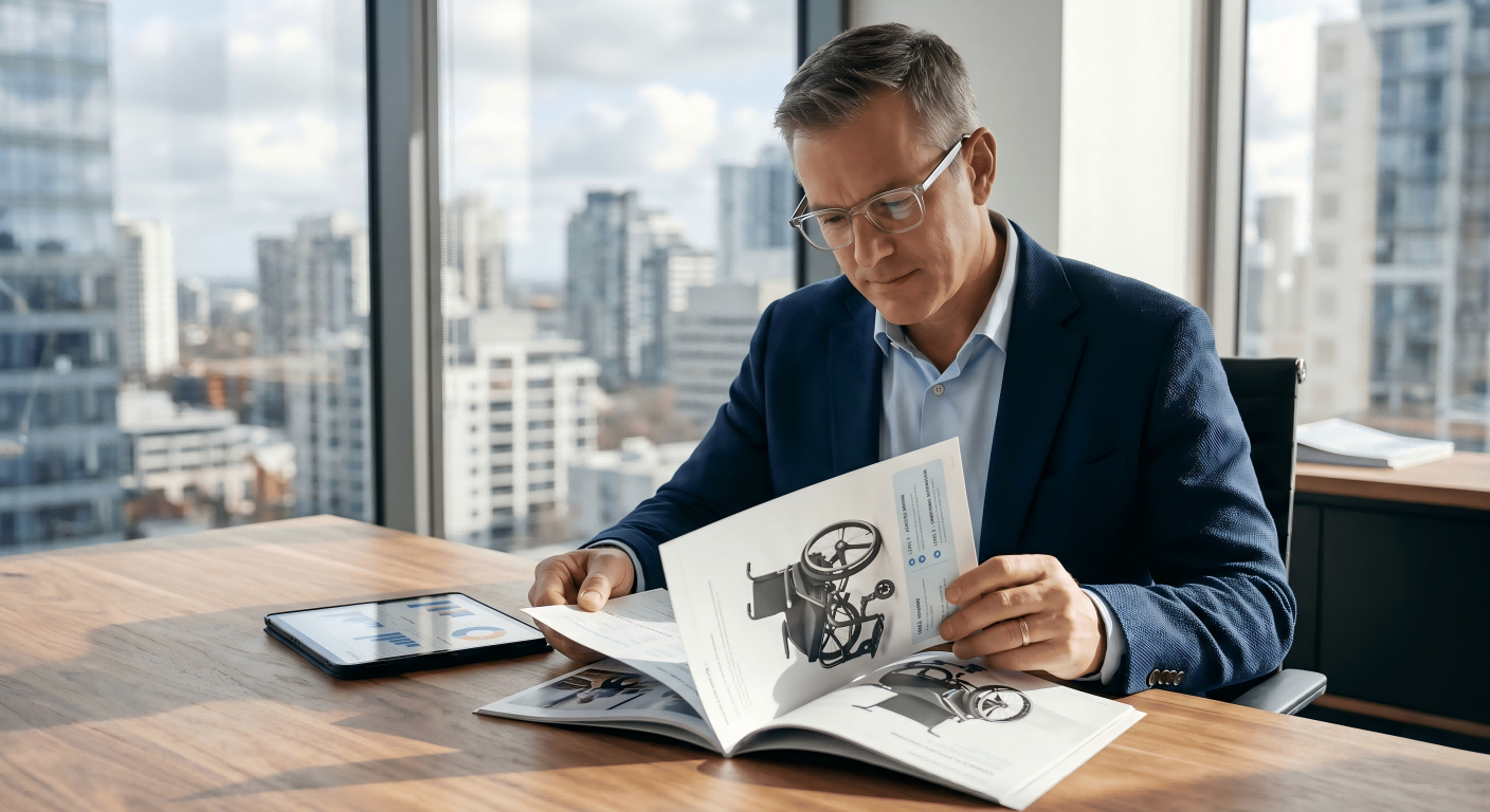 A product manager reviewing a catalog with a new smart wheelchair model featured prominently