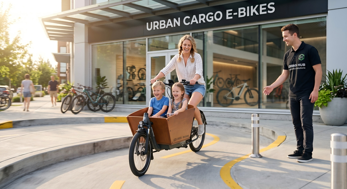 Cargo E-Bike Test Ride A person test riding a cargo e-bike at a dealership.