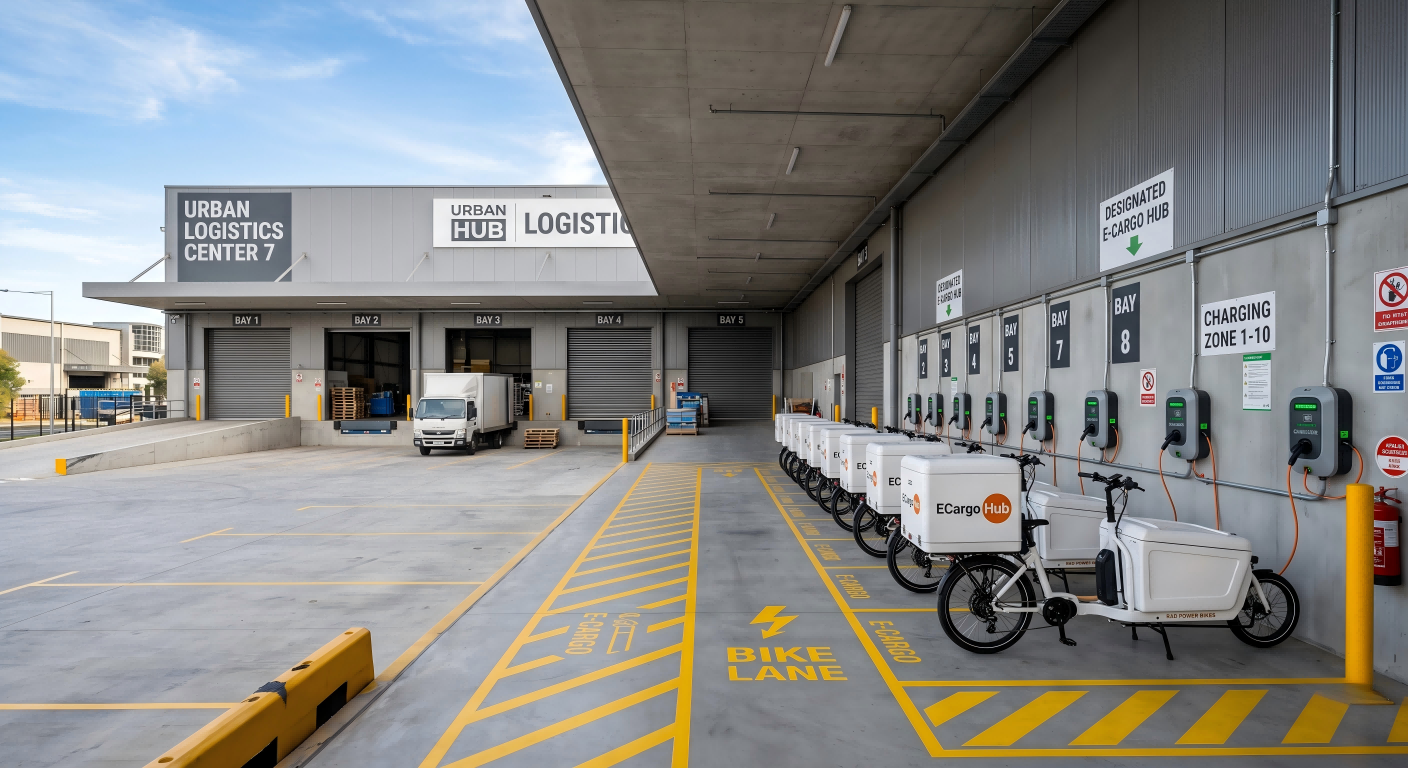 A modern loading dock with a designated area for electric cargo bikes charging.