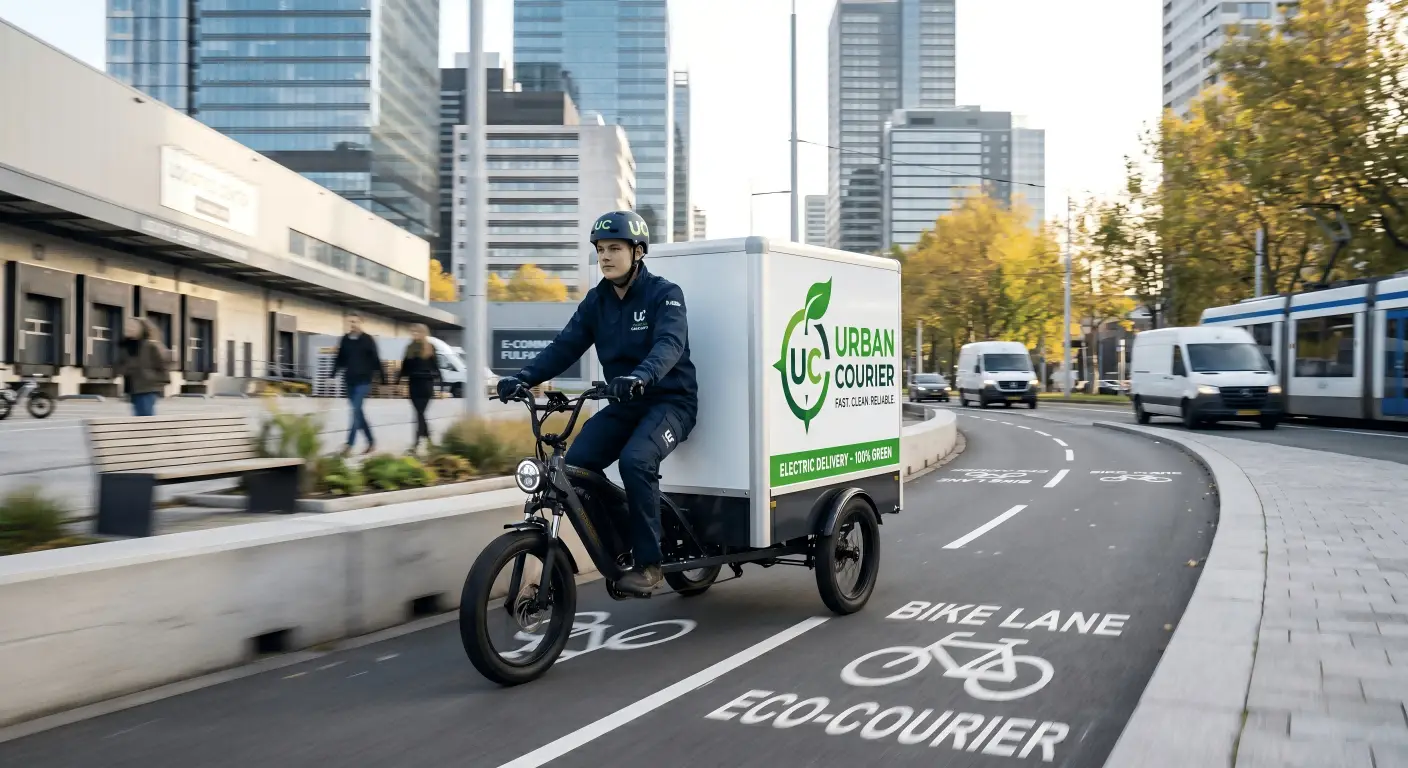E-cargo bike with a company logo making a delivery in a modern city