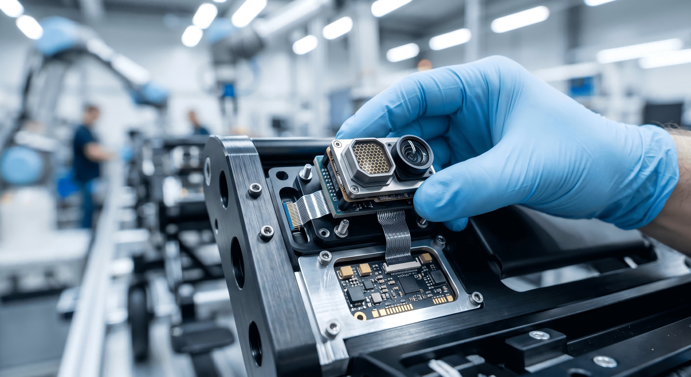 A close-up of a sensor module being integrated into the chassis of an electric wheelchair