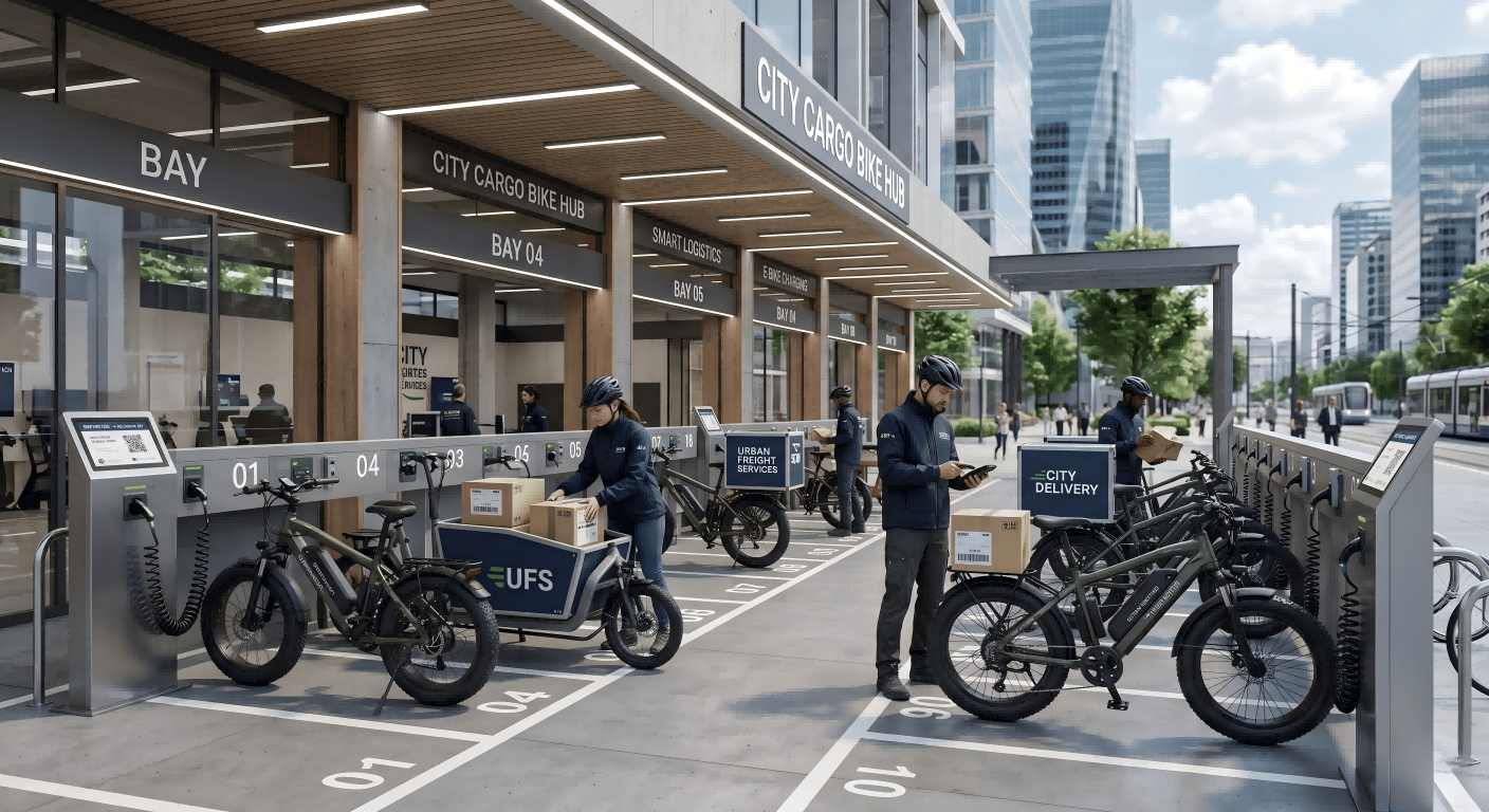 A secure, smart parking hub for cargo bikes with charging ports and digital access panels.