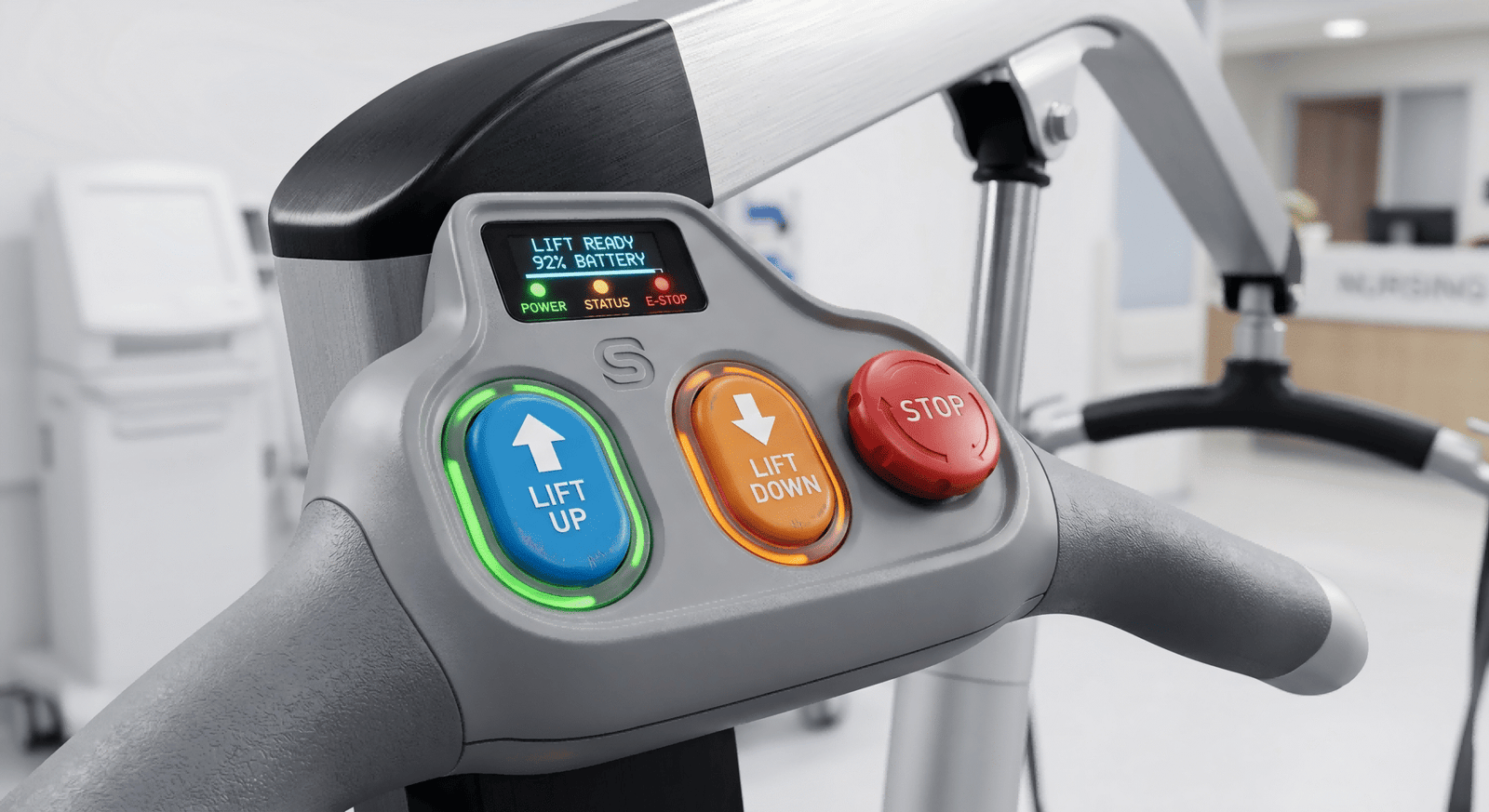 High-Impact Smart Aid Features A close-up of an ergonomic control panel for a patient lift aid.