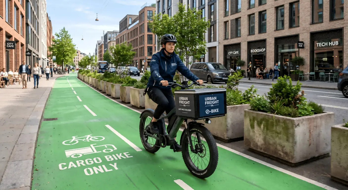 A wide, dedicated cargo bike lane in a modern city, separate from car traffic.
