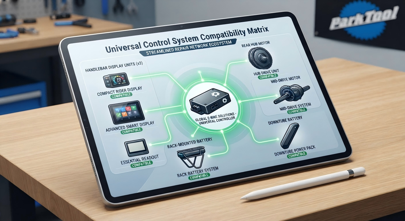 A digital interface showing that one standardized e-bike control system is compatible with multiple different e-bike models.