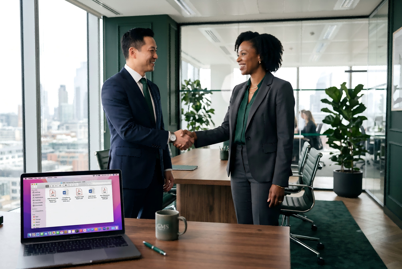 Screening Suppliers with CE Documentation A handshake sealing a B2B deal in front of a computer screen showing documents
