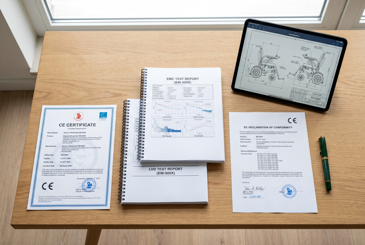 Complete CE Documentation Checklist A set of compliance documents spread out on a desk